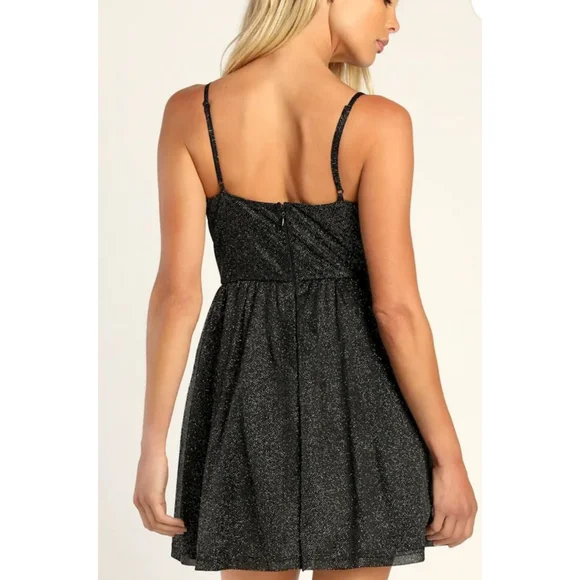 Women's Lulus Black Glitter Skater Mini Dress L - Picture 6 of 9